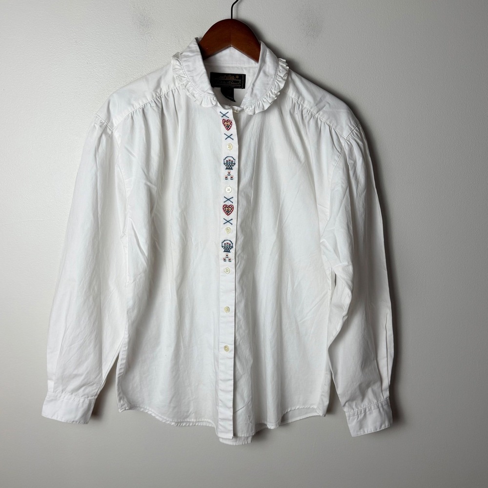 VTG 90s Eddie Bauer Embroidered Heart Ruffle Collar Blouse Large Cottage Prairie - Picture 3 of 14